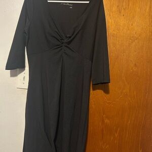 Eddie Bauer Black Ruched Sheath Dress V-Neck 3/4 Sleeve